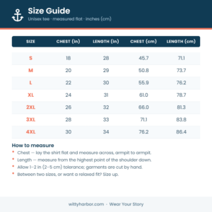 Witty Harbor unisex tee size guide in inches and centimetres